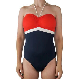 Tommy Hilfiger Color Block One Piece Swimsuit Red White Blue Halter Size‎ 8